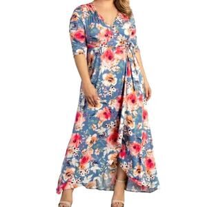 KIYONNA 2X Daydream Blue Pink Bouquet‎ Floral Print Meadow Dream Maxi Wrap Dress